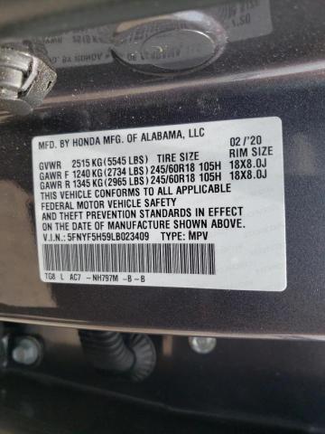 5FNYF5H59LB023409 - 2020 HONDA PILOT EXL GRAY photo 10