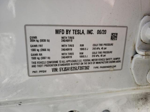 5YJSA1E25LF397362 - 2020 TESLA MODEL S Սպիտակ լուսանկար 10