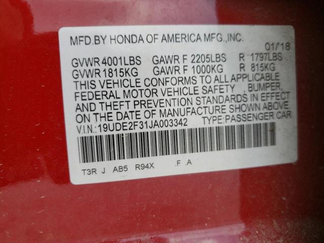 19UDE2F31JA003342 - 2018 ACURA ILX BASE W Qırmızı foto 10