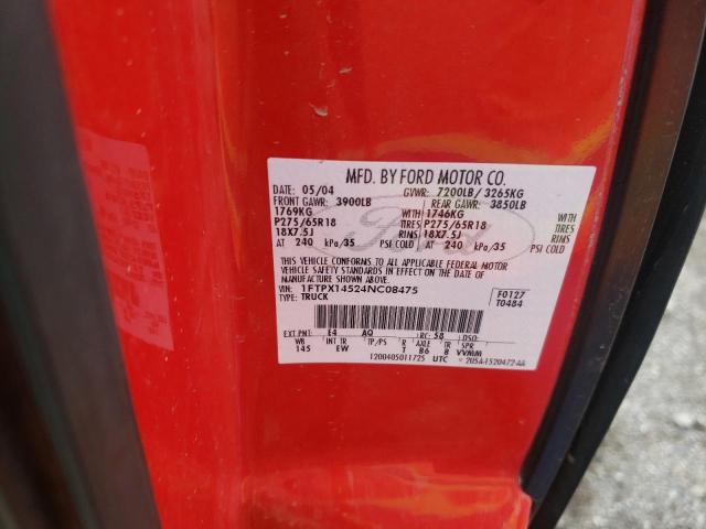1FTPX14524NC08475 - 2004 FORD F150 RED photo 10