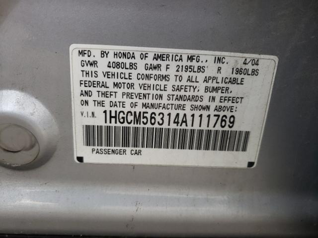 1HGCM56314A111769 - 2004 HONDA ACCORD SILVER photo 10