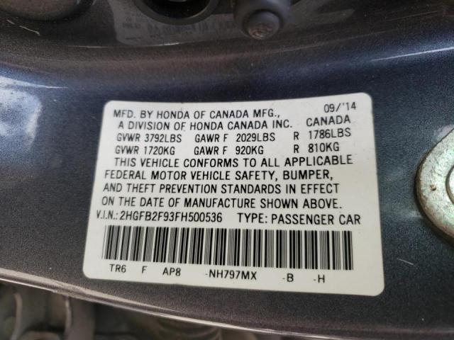 2HGFB2F93FH500536 - 2015 HONDA CIVIC EXL Boz foto 10