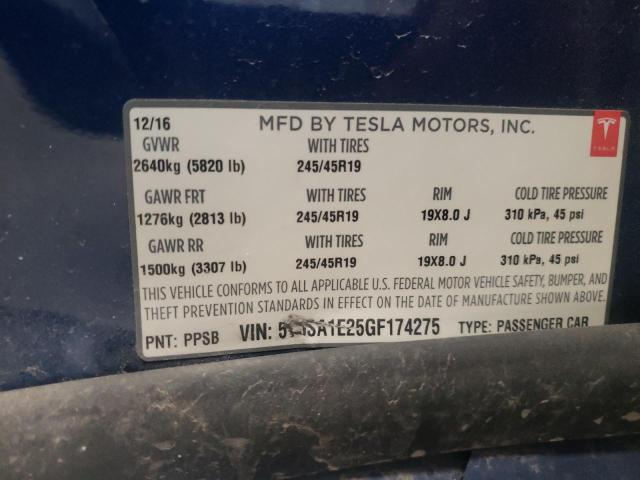 5YJSA1E25GF174275 - 2016 TESLA MODEL S Mavi foto 10