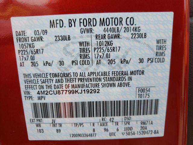 4M2CU87799KJ19292 - 2009 MERCURY MARINER PR RED photo 10