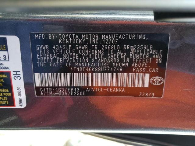 4T1BE46K88U774748 - 2008 TOYOTA CAMRY CE GRAY photo 10