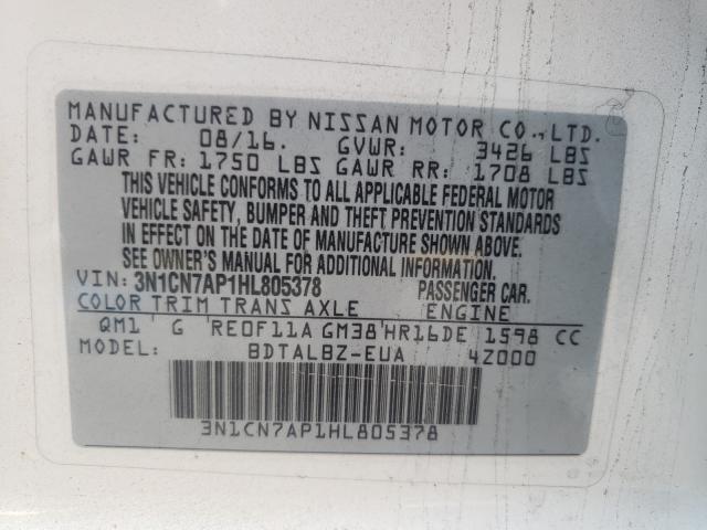 3N1CN7AP1HL805378 - 2017 NISSAN VERSA S WHITE photo 10