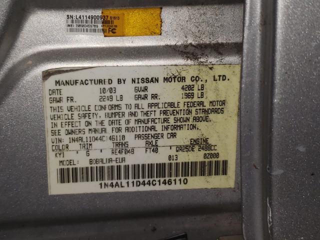 1N4AL11D44C146110 - 2004 NISSAN ALTIMA BAS SILVER photo 10