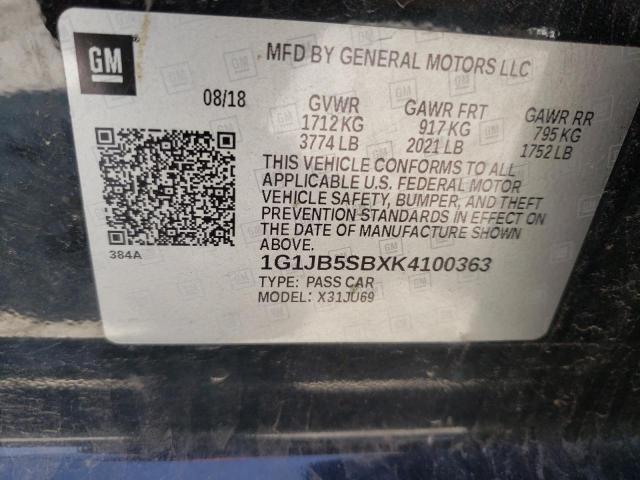 1G1JB5SBXK4100363 - 2019 CHEVROLET SONIC LS BLACK photo 10