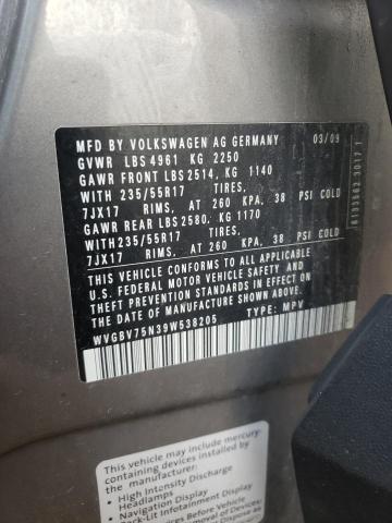 WVGBV75N39W538205 - 2009 VOLKSWAGEN TIGUAN SE GRAY photo 10