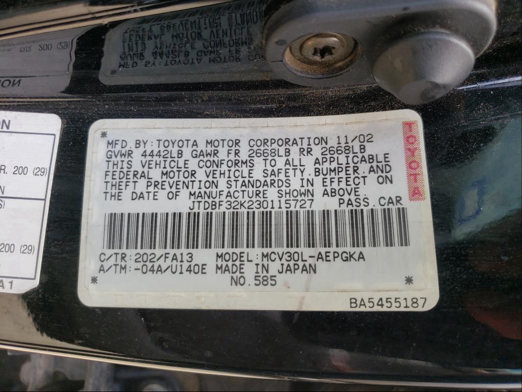 JTDBF32K230115727 - 2003 TOYOTA CAMRY LE BLACK photo 10