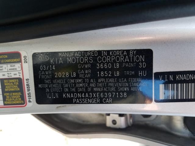 KNADN4A3XE6397138 - 2014 KIA RIO EX SILVER photo 10