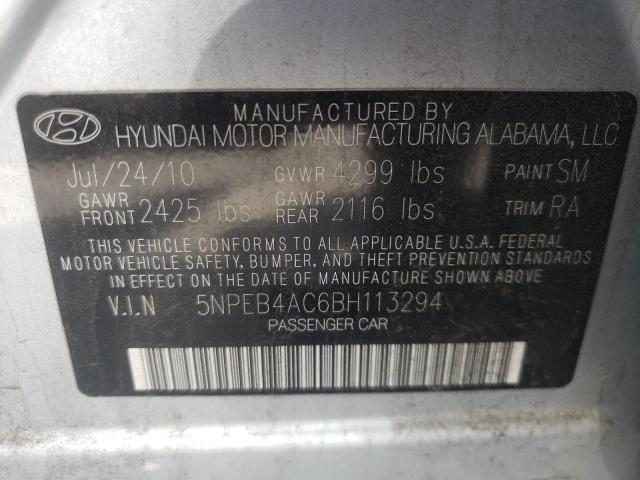 5NPEB4AC6BH113294 - 2011 HYUNDAI SONATA GLS GRAY photo 10