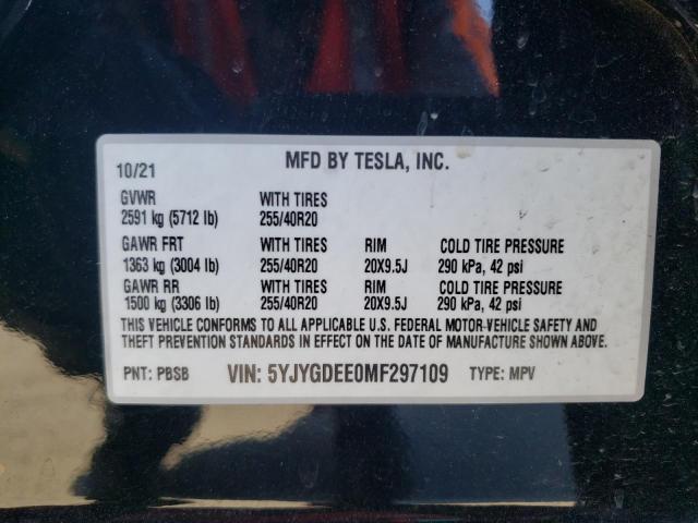5YJYGDEE0MF297109 - 2021 TESLA MODEL Y أسود صورة 10