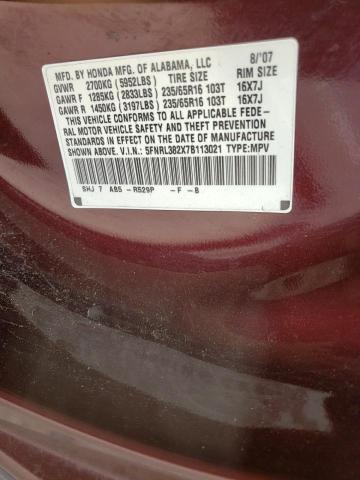 5FNRL382X7B113021 - 2007 HONDA ODYSSEY LX BURGUNDY photo 10