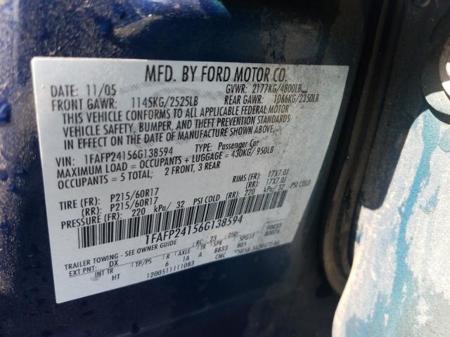 1FAFP24156G138594 - 2006 FORD FIVE HUNDR BLUE photo 10