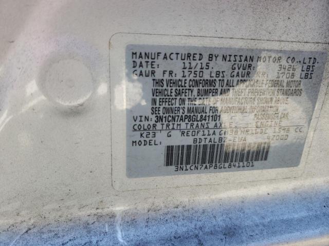 3N1CN7AP8GL841101 - 2016 NISSAN VERSA S SILVER photo 10