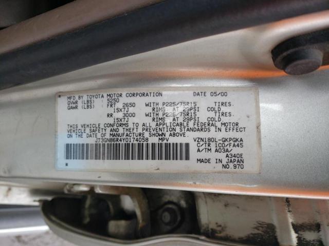 JT3GN86R4Y0174058 - 2000 TOYOTA 4 RUNNER GRAY photo 10
