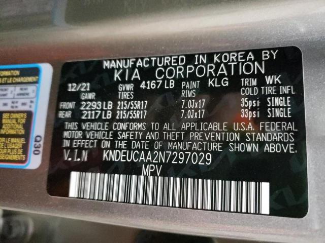 KNDEUCAA2N7297029 - 2022 KIA SELTOS S GRAY photo 10