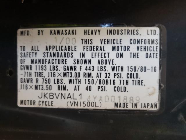 JKBVNAL14YA001889 - 2000 KAWASAKI VN1500 L TWO TONE photo 10