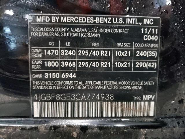 4JGBF8GE3CA774938 - 2012 MERCEDES-BENZ GL 550 4MA BLACK photo 10