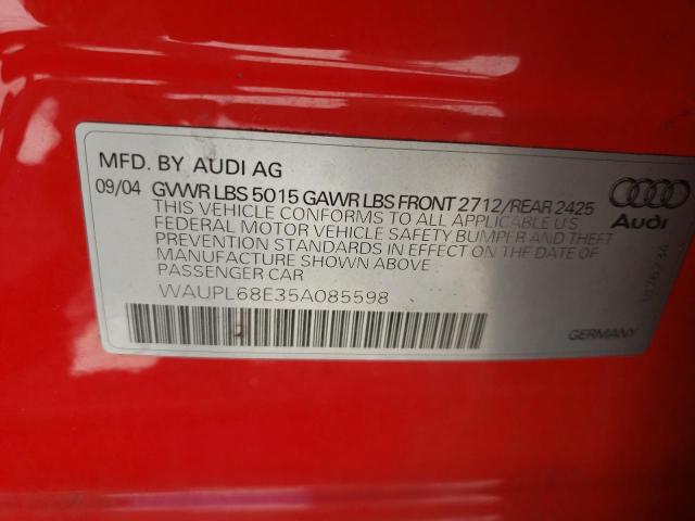 WAUPL68E35A085598 - 2005 AUDI S4 RED photo 10
