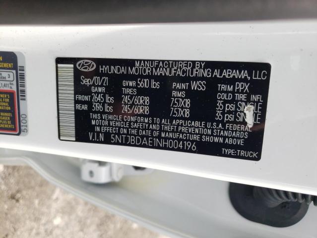 5NTJBDAE1NH004196 - 2022 HYUNDAI SANTA CRUZ WHITE photo 10