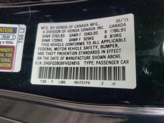 2HGFG3B0XFH524816 - 2015 HONDA CIVIC EXL Qara foto 10