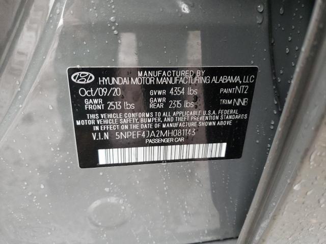 5NPEF4JA2MH081143 - 2021 HYUNDAI SONATA SEL GRAY photo 10