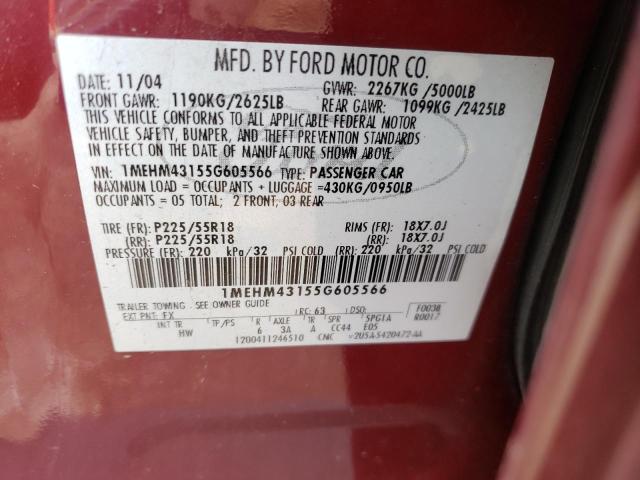 1MEHM43155G605566 - 2005 MERCURY MONTEGO PR მუქწითელი ფოტო 10