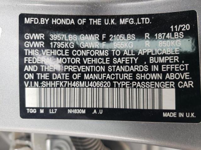 SHHFK7H46MU406620 - 2021 HONDA CIVIC SPOR SILVER photo 10