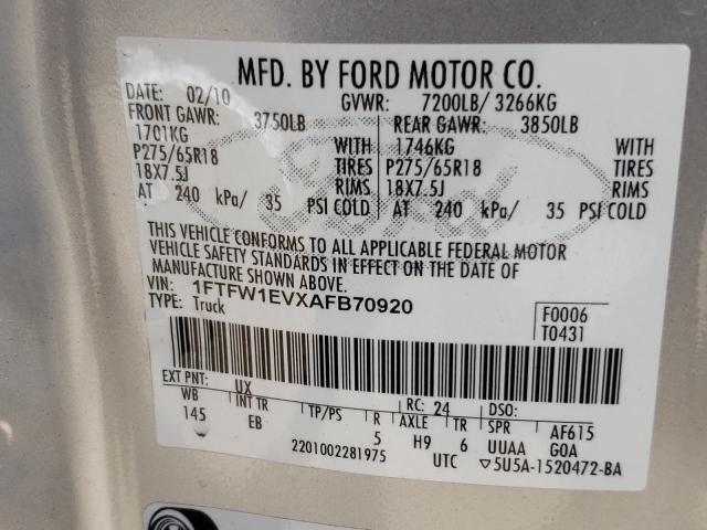 1FTFW1EVXAFB70920 - 2010 FORD F-150 WHITE photo 10