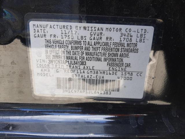 3N1CN7AP1JL841383 - 2018 NISSAN VERSA S BLACK photo 10