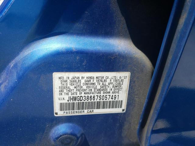 JHMGD38667S057491 - 2007 HONDA FIT S BLUE photo 10