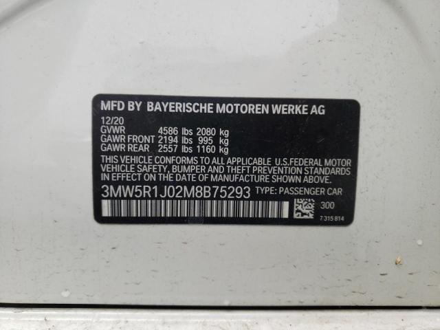 3MW5R1J02M8B75293 - 2021 BMW 330I WHITE photo 10