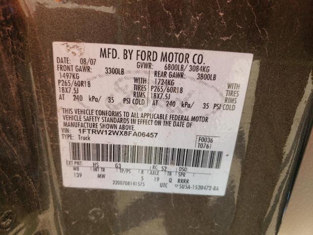 1FTRW12WX8FA06457 - 2008 FORD f150 super GRAY photo 10