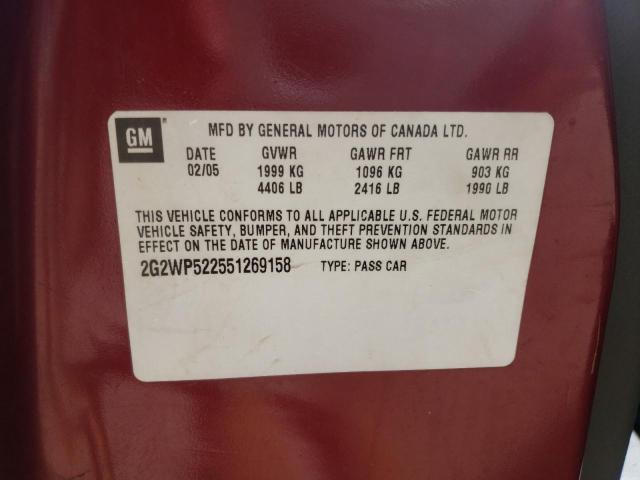 2G2WP522551269158 - 2005 PONTIAC GRAND PRIX Бордовый фото 10