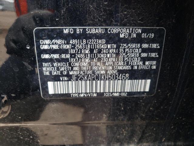 JF2SKAPC1KH503468 - 2019 SUBARU FORESTER S BLACK photo 10