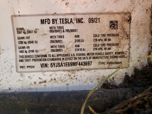 5YJSA1E69MF443697 - 2021 TESLA MODEL S Սպիտակ լուսանկար 10