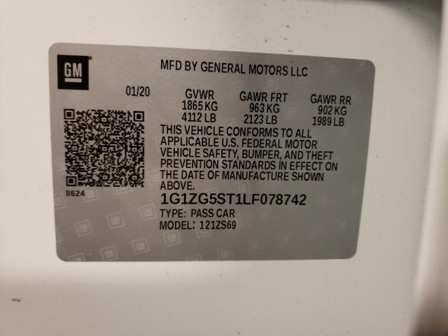 1G1ZG5ST1LF078742 - 2020 CHEVROLET MALIBU RS WHITE photo 10