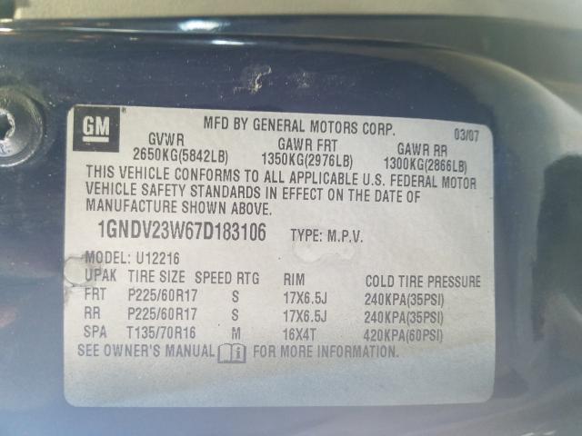 1GNDV23W67D183106 - 2007 CHEVROLET UPLANDER L Mavi foto 10