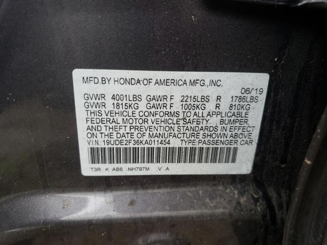 19UDE2F36KA011454 - 2019 ACURA ILX GRAY photo 10