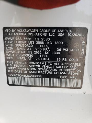 1V2KC2CA8MC203009 - 2021 VOLKSWAGEN ATLAS CROS თეთრი ფოტო 10