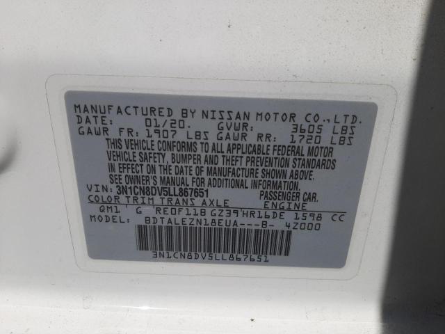 3N1CN8DV5LL867651 - 2020 NISSAN VERSA S WHITE photo 10