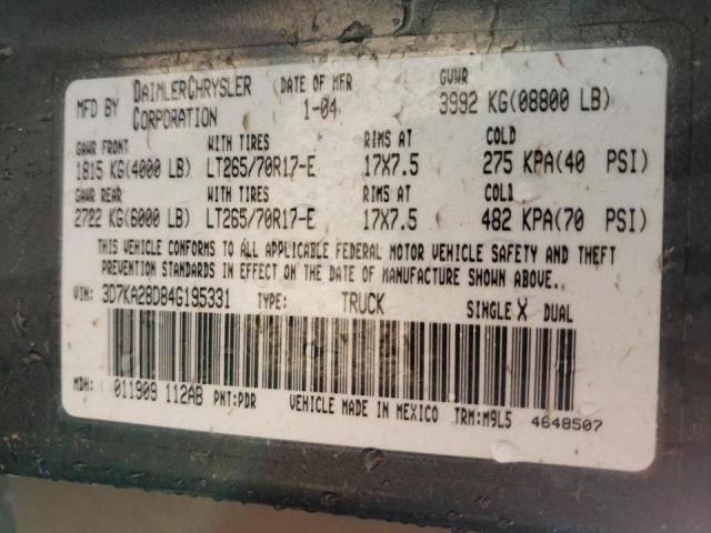 3D7KA28D84G195331 - 2004 DODGE RAM 2500 S Գրաֆիտ լուսանկար 10