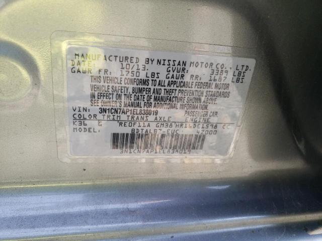 3N1CN7AP1EL838019 - 2014 NISSAN VERSA S/S GRAY photo 10