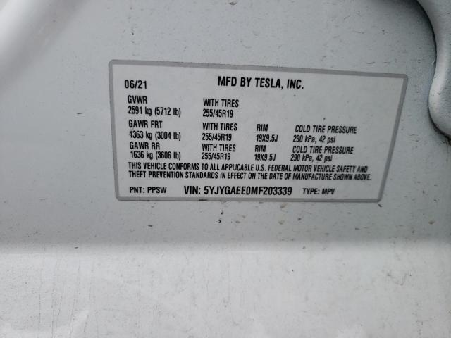 5YJYGAEE0MF203339 - 2021 TESLA MODEL Y WHITE photo 10