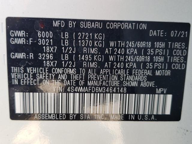 4S4WMAFD6M3464148 - 2021 SUBARU ASCENT PRE WHITE photo 10