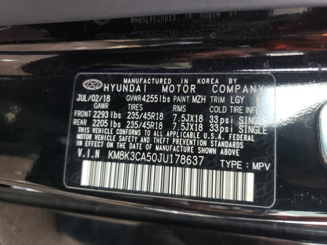 KM8K3CA50JU178637 - 2018 HYUNDAI KONA LIMIT BLACK photo 10