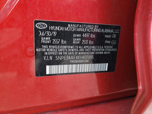 5NPE34AF4KH817095 - 2019 HYUNDAI SONATA LIM RED photo 10