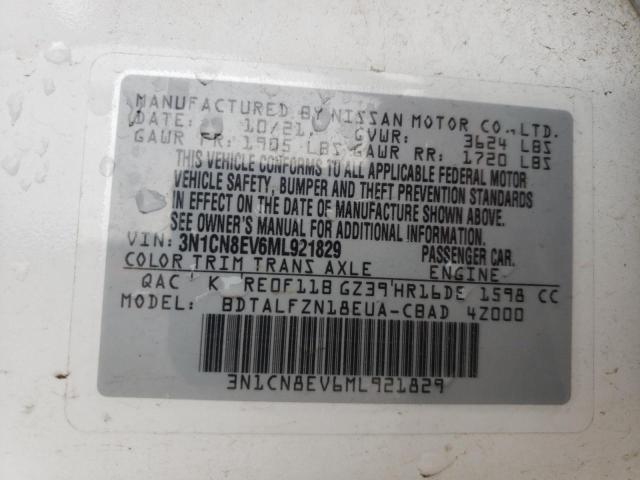 3N1CN8EV6ML921829 - 2021 NISSAN VERSA SV WHITE photo 10